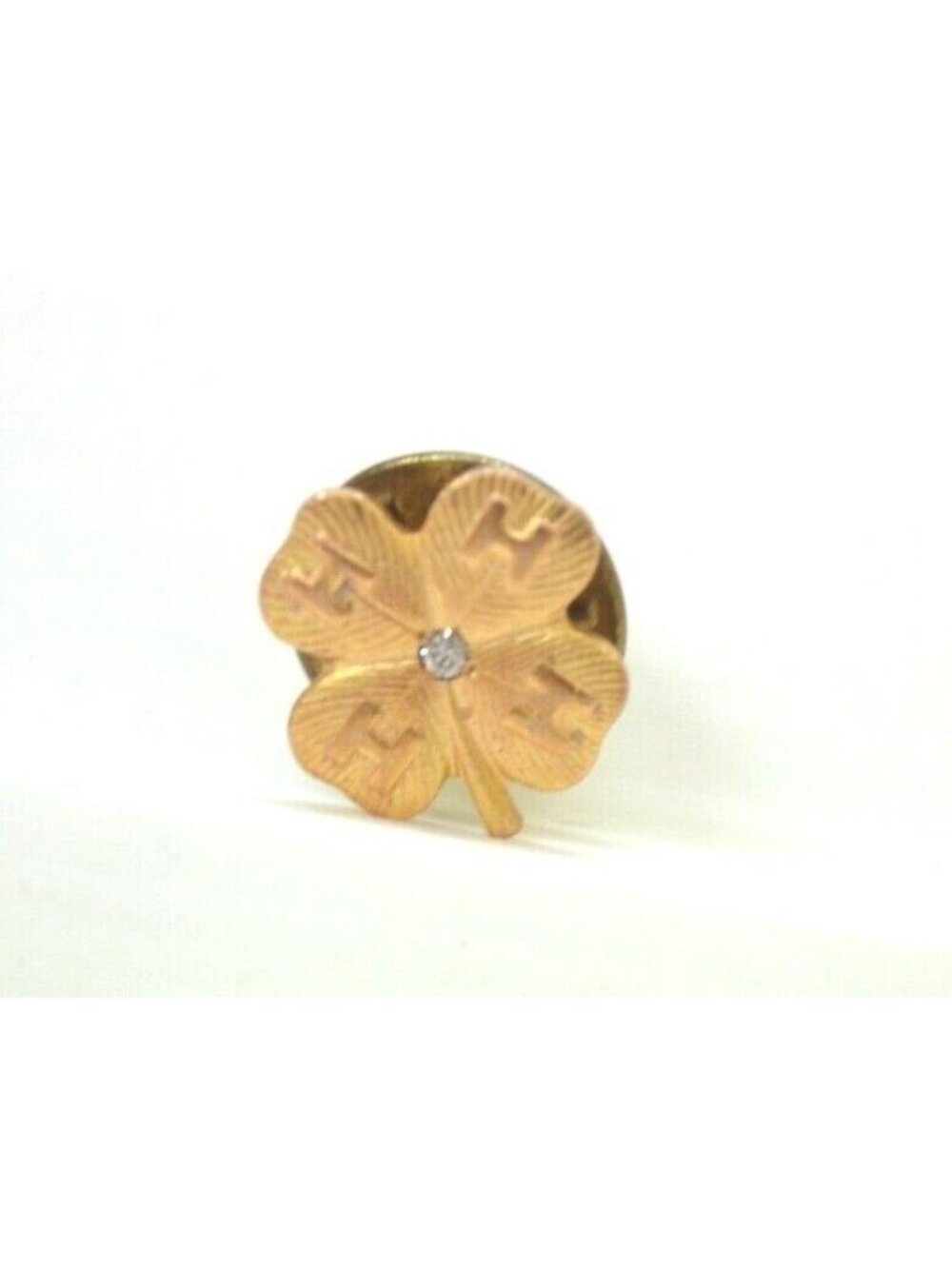 10K G.F. Pin Badge 4 H Club Leaves Gold Filled Clear Stone Lapel Collectible
